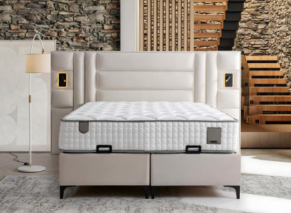 Cama elegante branca com estofado e colchão de madeira