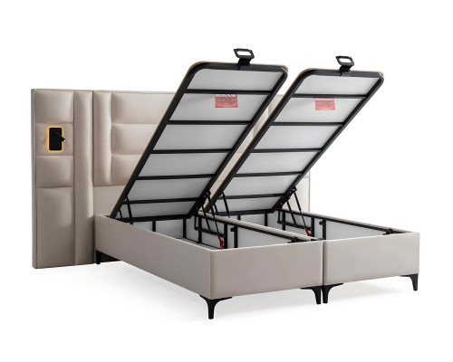 Cama elegante branca com estofado e colchão de madeira