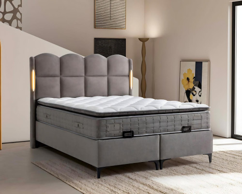 Estrutura de cama cinza com colchão de tecido e madeira, design moderno