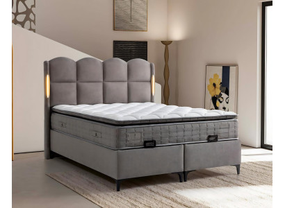 Estrutura de cama cinza com colchão de tecido e madeira, design moderno