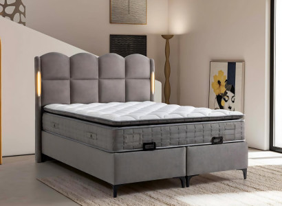 Estrutura de cama cinza com colchão de tecido e madeira, design moderno