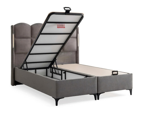 Estrutura de cama cinza com colchão de tecido e madeira, design moderno