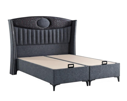 Cama elegante de tecido e madeira com colchão