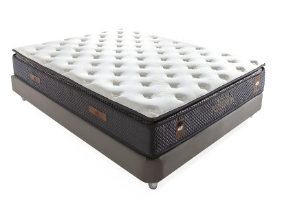 Cama elegante cinza com colchão de tecido e madeira