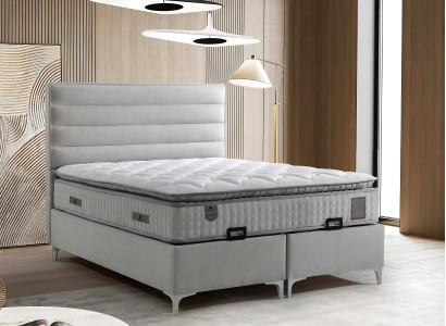Cama de tecido cinza moderna com colchão elegante