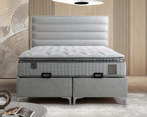 Cama de tecido cinza moderna com colchão elegante