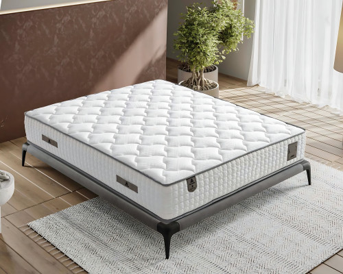 Cama elegante de tecido e madeira com colchão