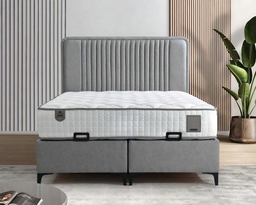 Cama elegante de tecido e madeira com colchão