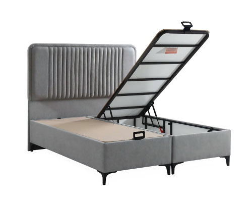 Cama elegante de tecido e madeira com colchão