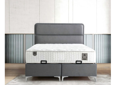 Cama cinza moderna com colchão de tecido e madeira