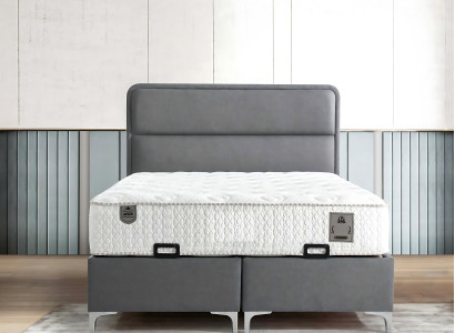 Cama cinza moderna com colchão de tecido e madeira