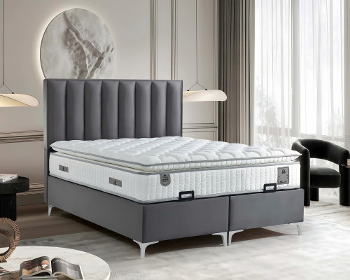 Conjunto de cama cinza elegante com colchão de tecido e madeira