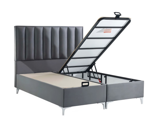 Conjunto de cama cinza elegante com colchão de tecido e madeira