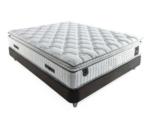 Conjunto de cama cinza elegante com colchão de tecido e madeira