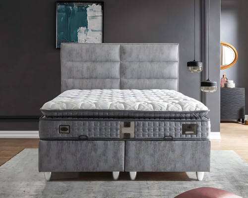 Cama de tecido cinza moderna com colchão