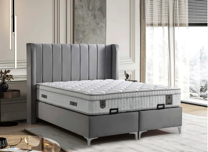 Cama elegante de tecido e madeira com colchão