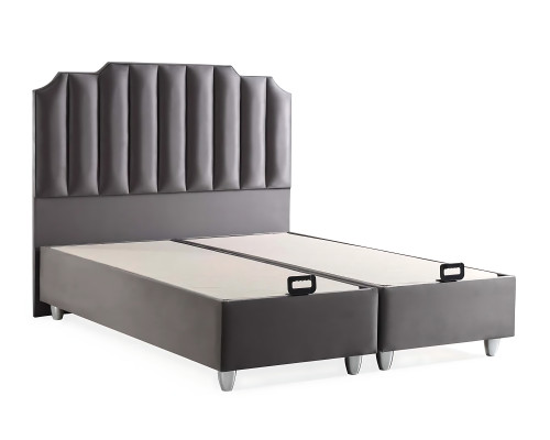 Cama elegante de tecido e madeira com colchão