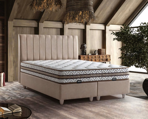 Cama de tecido bege com colchão elegante