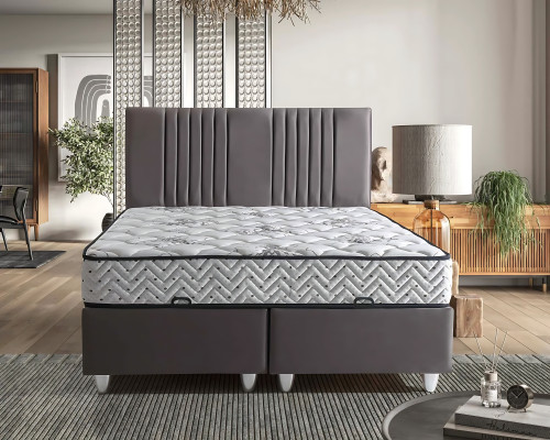 Cama de tecido cinza com colchão moderno