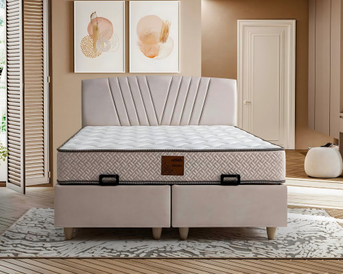 Cama elegante de tecido e madeira