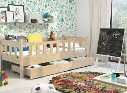 Cama de madeira maciça com gaveta e proteção contra quedas