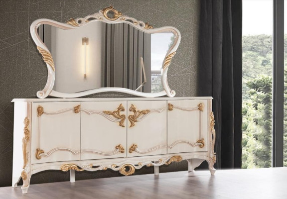 Anrichte mit Spiegel Garnitur Ess Barock Kommoden Holz Kommode Holz Schrank Neu
