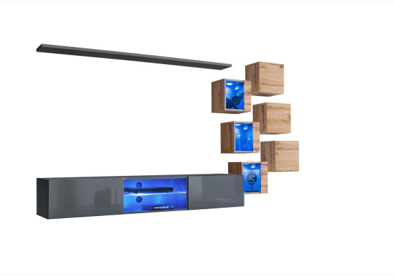 Set 8tlg Designer Wohnwand Grau Einrichtung Holzmöbel Wandschrank Neu