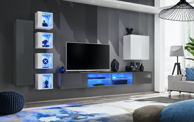 Wohnwand Grau Wand Regale Schrank Wohnzimmermöbel Einrichtung Luxus Set 7tlg