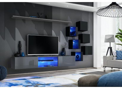 Set Modern Grau Einrichtung Wohnwand TV-Ständer Sideboard Holzmöbel Wandschrank