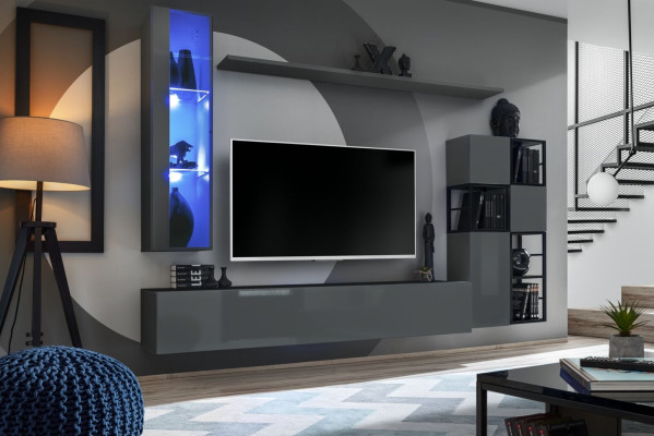 Designer Grau Wohnwand Hänge VitrineTV Ständer Komplett Hochglanz Sideboard