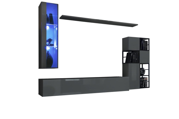 Designer Grau Wohnwand Hänge VitrineTV Ständer Komplett Hochglanz Sideboard
