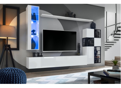 Hänge Vitrine Weiß Wohnwand Designer TV Ständer Komplett 9tlg Holzmöbel Regale