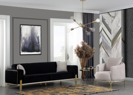 Luxus Sofagarnitur Dreisitzer Moderner Sessel Stoffmöbel Set 3tlg Schwarz 3+3+1