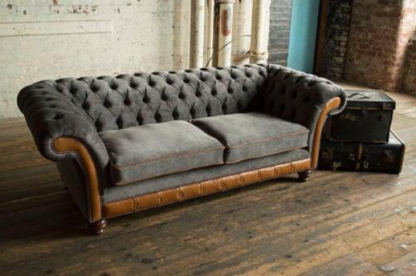 XXL Sofa 3 Sitzer Couch Chesterfield Polster Sitz Garnitur Leder Textil Neu Grau