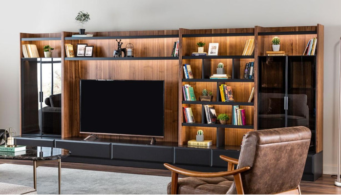 Wohnwand tv Möbel Schrankwände Wohnzimmer Vitrine Modern Holz Braun