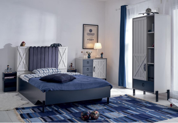 Luxus Modern Blau Schlafzimmer Set Bett Kommode Bücherregal Holz Neu 3tlg