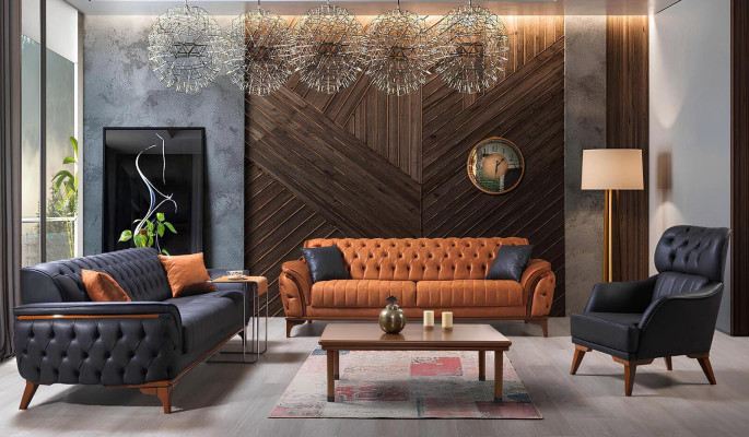 Orange-Schwarze Chesterfield Garnitur Luxuriöser Dreisitzer Sessel 2tlg
