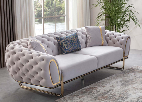 Grau-Weiße Chesterfield Couchgarnitur Moderne 2x 3-Sitzer Polster Sessel