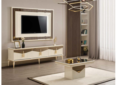 Wohnwand TV Ständer Wandpanel Couchtisch RTV Lowboard Gold 3tlg Beige