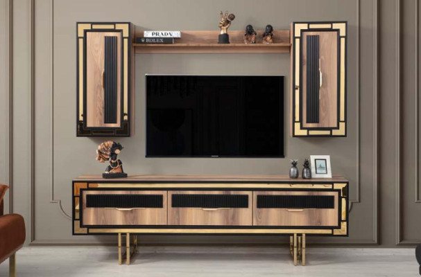 Garnitur Wohnwand TV Ständer Schranke RTV Lowboard Braun Wohnzimmer