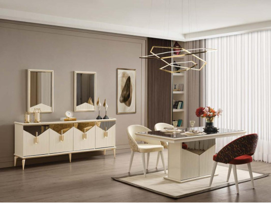 Esszimmertisch Esstisch Tisch Esszimmer Essecke Beige Holz Gold Luxus
