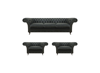 Luxus Schwarz Wohnzimmer Set 3tlg Chesterfield 2x Sessel Dreisitzer Sofa