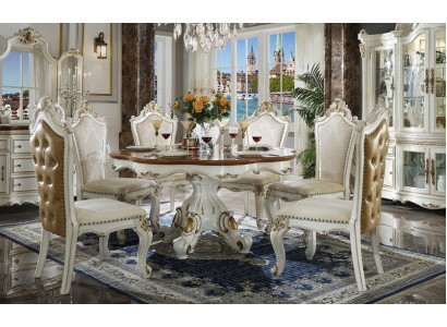Klassische Weiß-Braune Esszimmer Garnitur Runder Holz Esstisch mit Chesterfield Stühlen 5tlg. Set