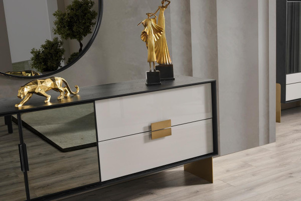 Schwarzes Wohnzimmer Set Designer Sideboard Luxus Spiegel 2tlg Set Neu