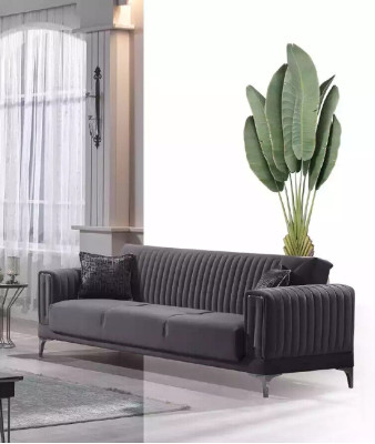 Grauer Dreisitzer Wohnzimmer Couchen 3-Sitzer Samtsofas Luxus Holz Möbel Sofa