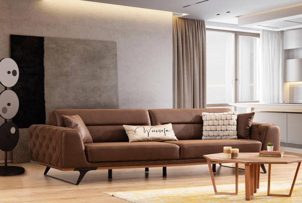 Komplette Couchgarnitur Viersitzer Sessel Couch Braun Stoffsofa Sofas
