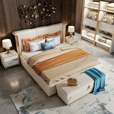 Doppelbett Klassisches Bett Designer Polster Betten Gestell Textil Leder Weiß