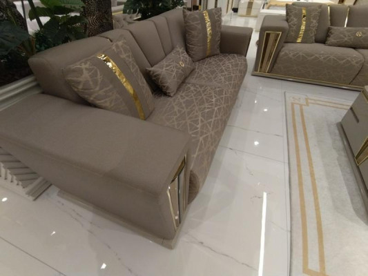 3+3 Sitzer Modern Sofagarnitur Sessel Textil Grau Sofa 3 Sit Luxus Komplett 2tlg
