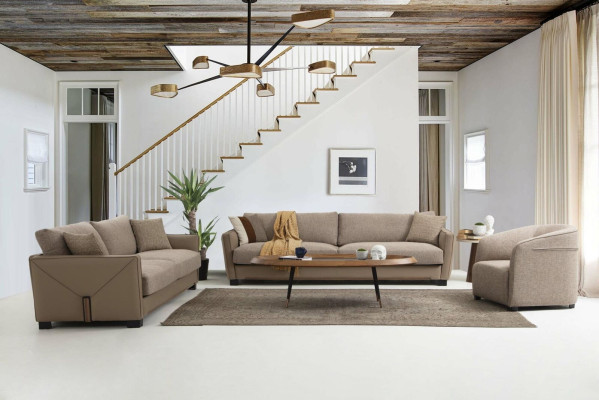 Sofagarnitur 431 Sitzer Sessel Sofa Modern Stoff Beige Set 3tlg Sofas