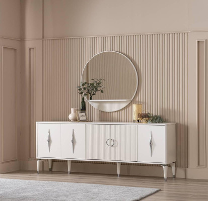 Sideboard Anrichte mit Spiegel Gruppe Kommode Holz Weiß Esszimmer